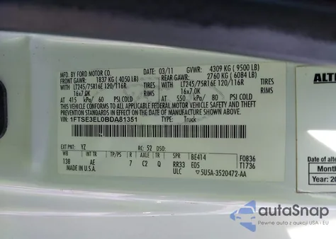 2011 Ford E-350 Super Duty Commercial из США, поврежденный, VIN 1FTSE3EL0BDA81351